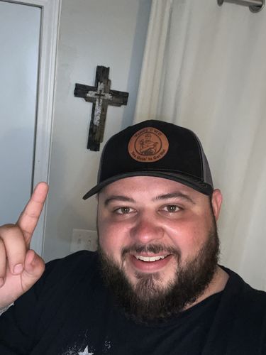 Customer photo review of Custom Leather Patch Trucker Hat - Richardson 112