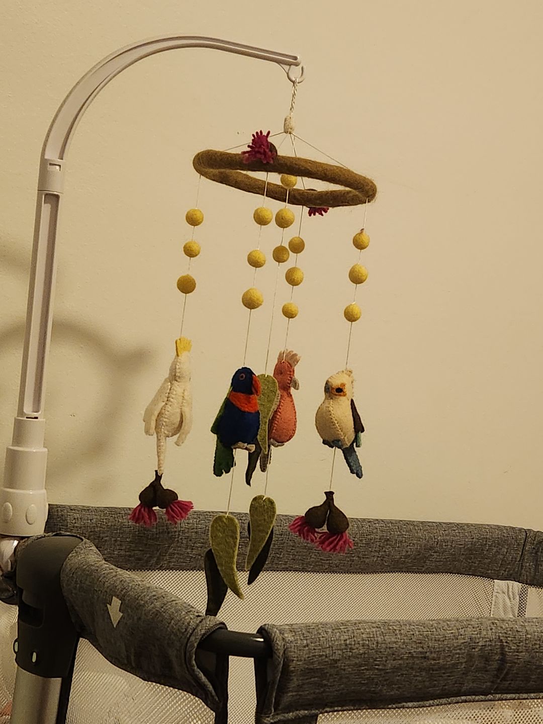 Customer photo review of Baby Cot Mobile - Australian Birds - Cockatoo, Lorikeet, Galah and Kookaburra