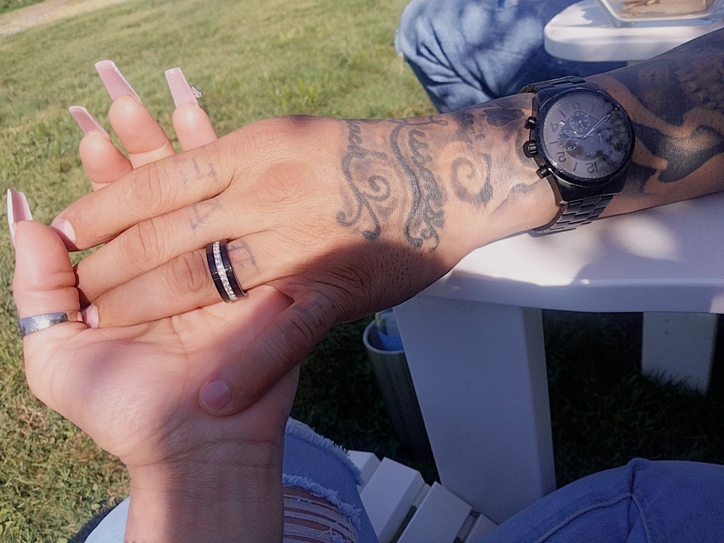 Customer photo review of 8mm Black Tungsten Carbide Wedding Ring with Cubic Zircon Diamonds