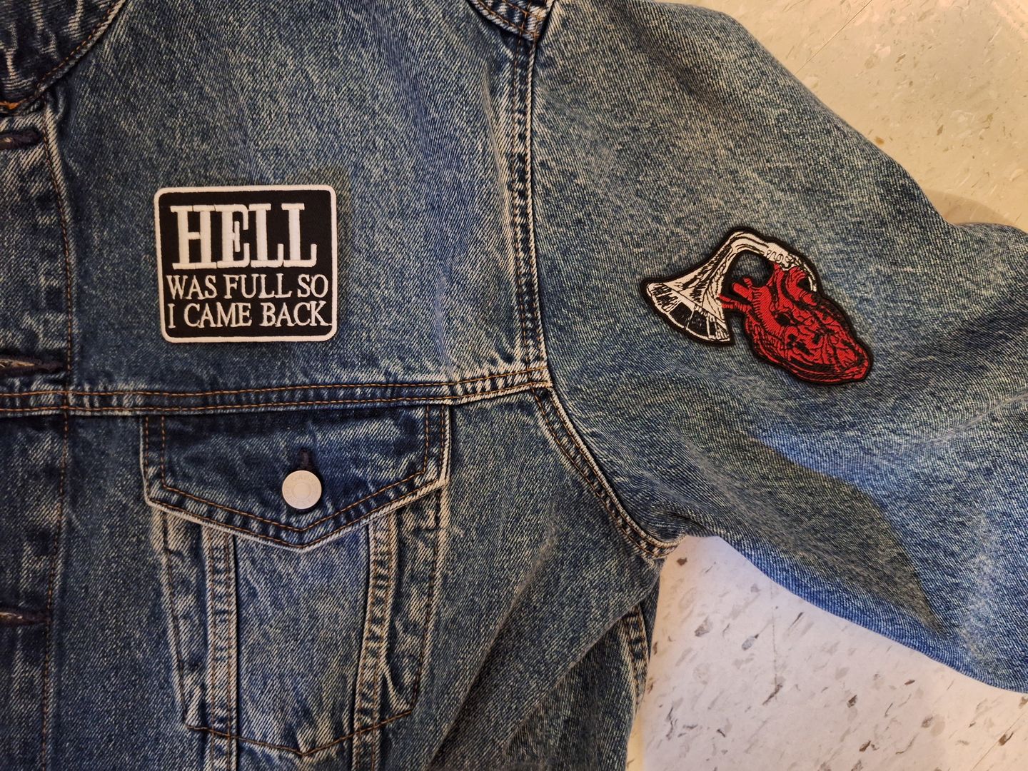 Customer photo review of Hell was Full so I came back Patch Embroidered Iron on Sew on Patch Badge For Clothes etc. 8x6.5cm