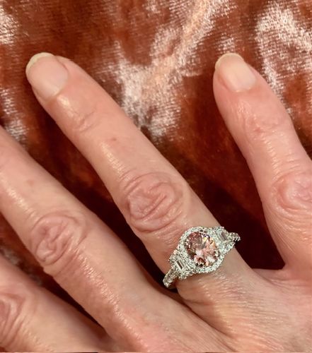 Customer photo review of 3-Stone Halo Morganite Color Oval CZ Ring in Sterling Silver
