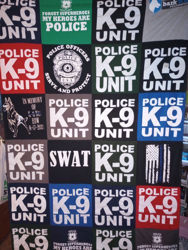 T-shirt quilt with law enforcement, police k-9 units themes by Heidi from WI