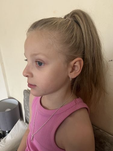 Customer photo review of Children's Sterling Silver 'Pink Crystal Drop Open Heart' Stud Earrings