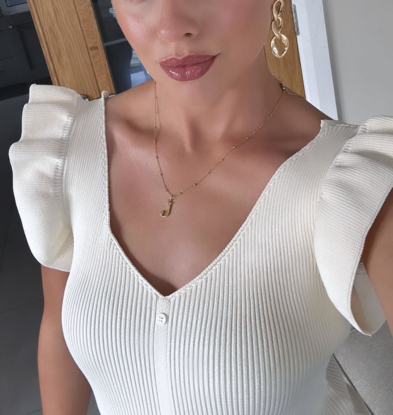 Customer photo review of J Initial Pendant Necklace in Gold