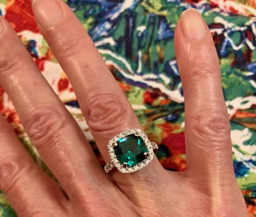 Customer photo review of Halo Green Cushion CZ Ring in Sterling Silver