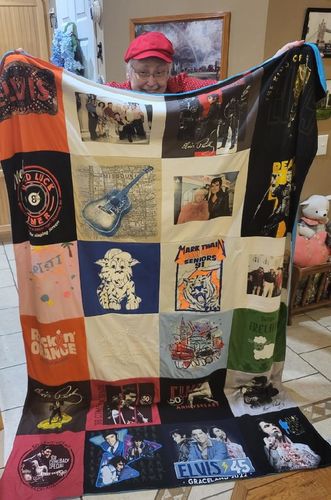 T-shirt quilt with music, rock and roll themes by DEBBY from MO