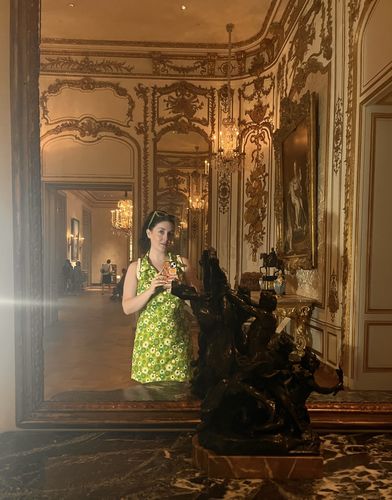 Customer photo review of Cecilia Mini-Dress in Green Daisy