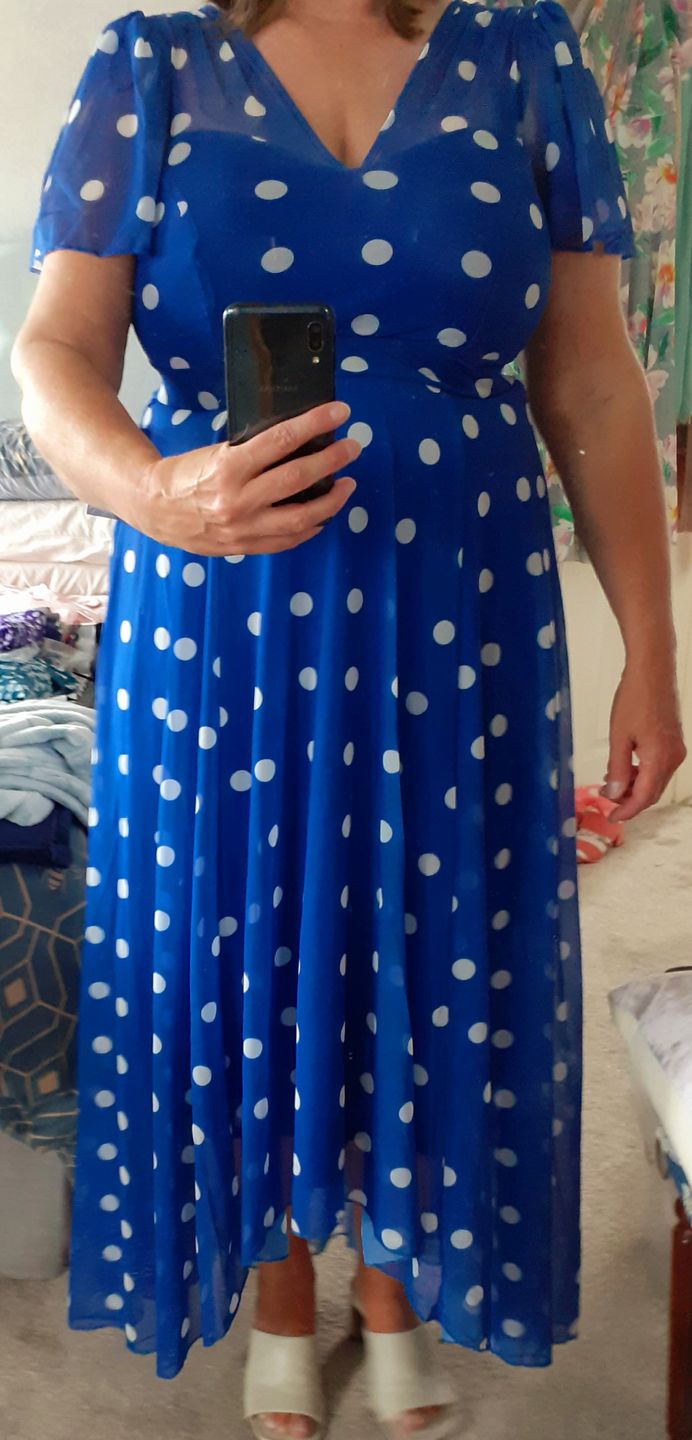 Customer photo review of Tilly Blue Spot Print Angel Sleeve Sweetheart Dress