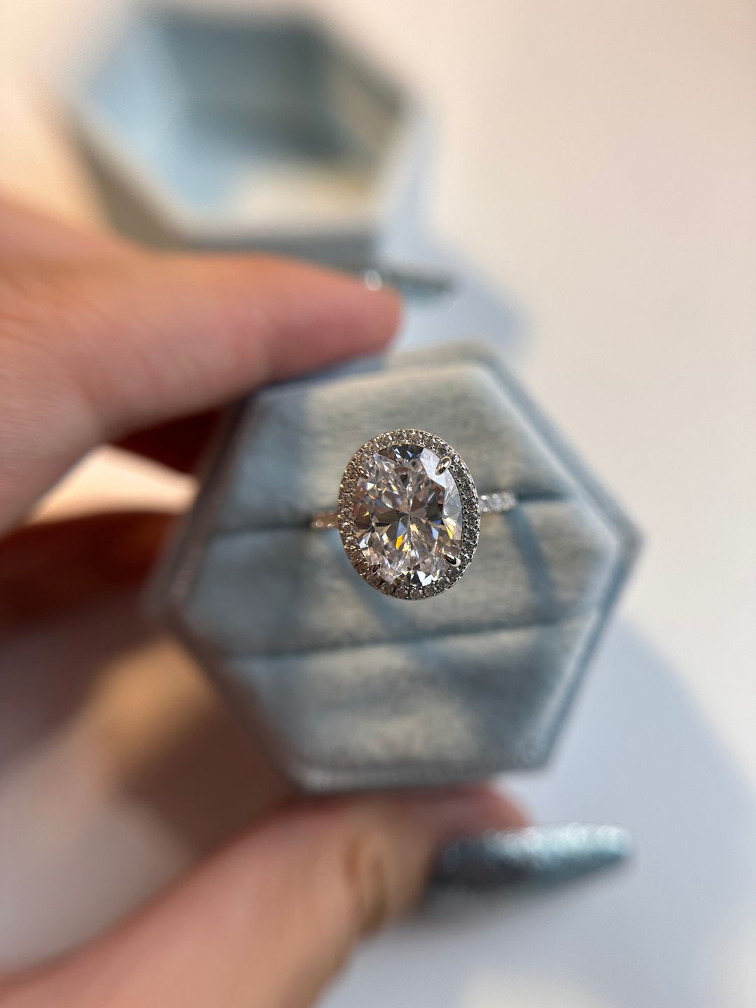 Customer photo review of Louily Halo 3.5Ct Oval Cut Simulated Diamond Engagement Ring In Sterling Silver