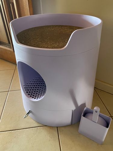 Customer photo review of Mayitwill XL Castle 2-in-1 Front-Entry Cat Litter Box with Scratch Pad in Lilac Purple