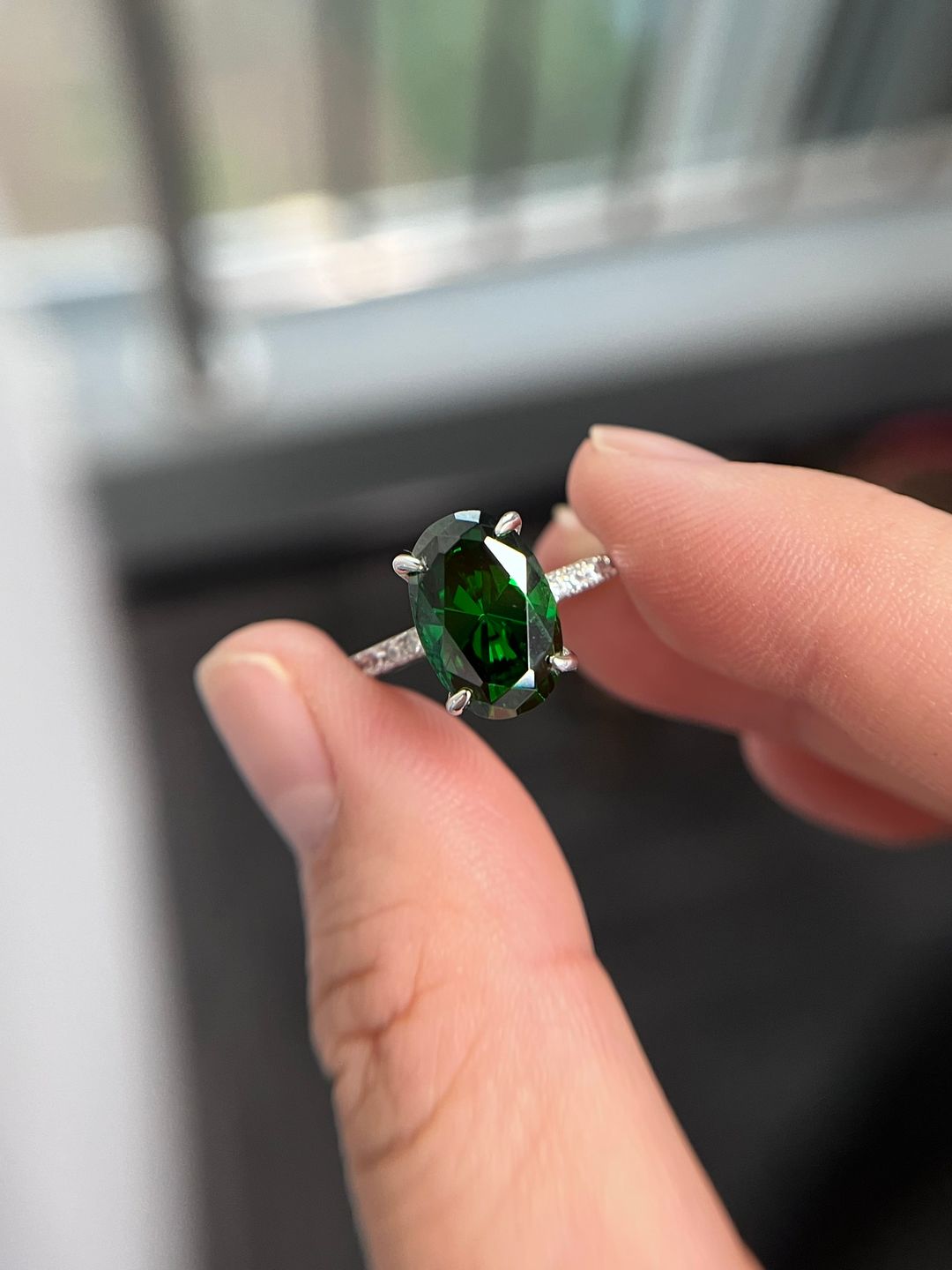 Customer photo review of Louily Classic Oval Cut Emerald Green Simulated Diamond Engagement Ring In Sterling Silver