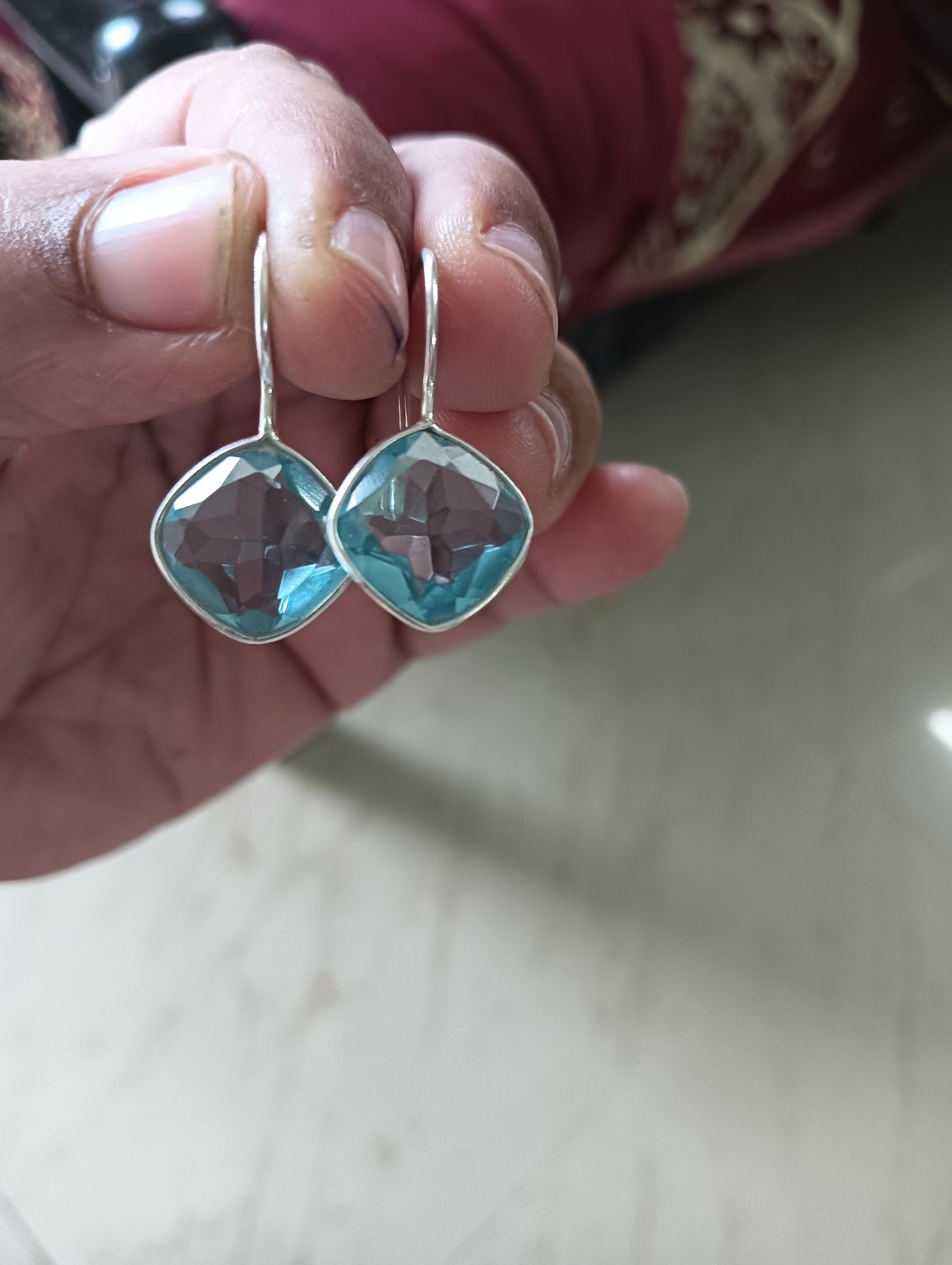 Customer photo review of Silver Aqua Blue Crystal Earrings