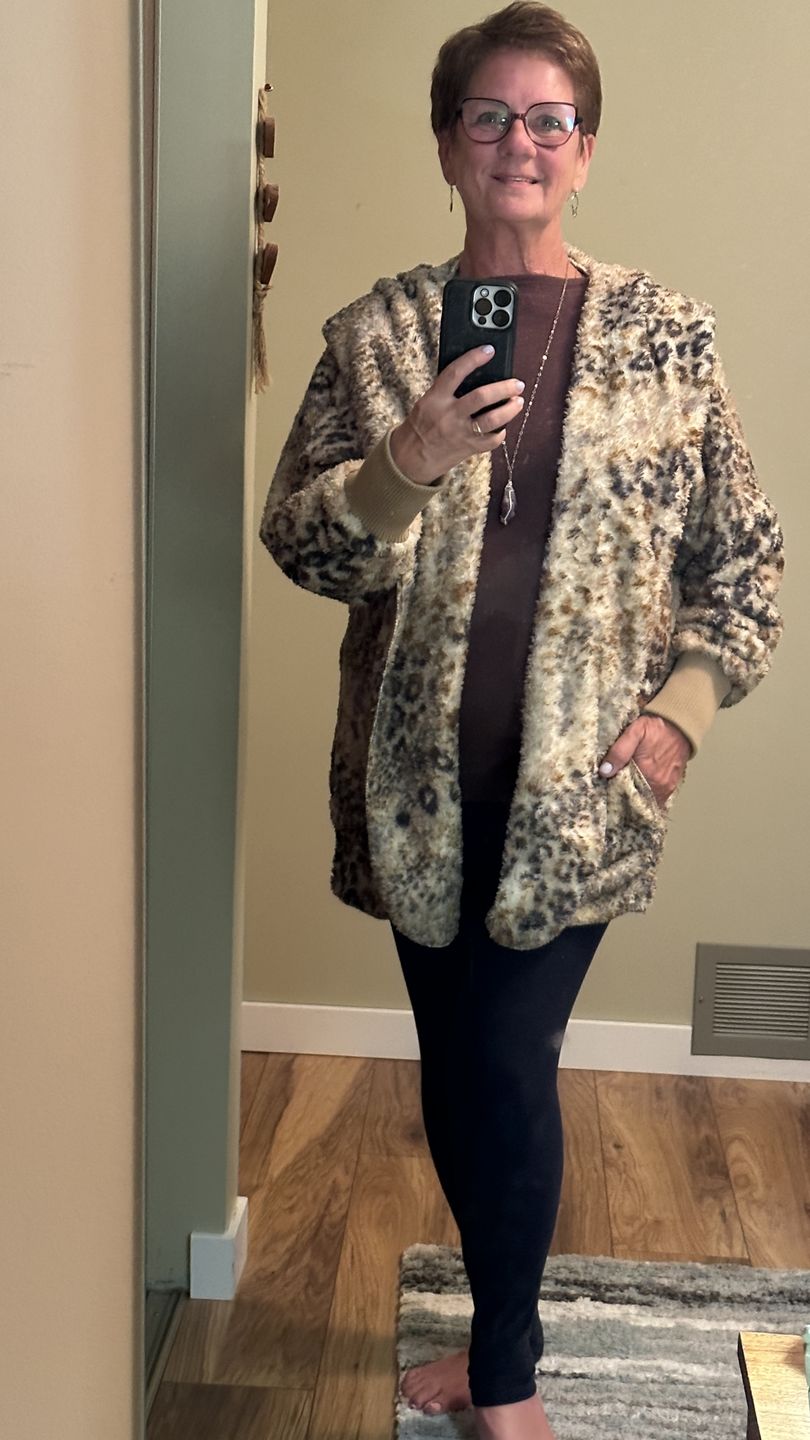 Customer photo review of Teddy Bear Plush Cardigan (Brown/Grey Leopard)