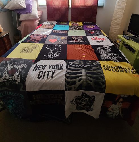 T-shirt quilt with art, music themes by Veronica from CA