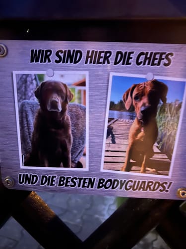 Customer photo review of Hunde-Türschild mit Foto & Wunschtext (UV- UND WETTERFEST)