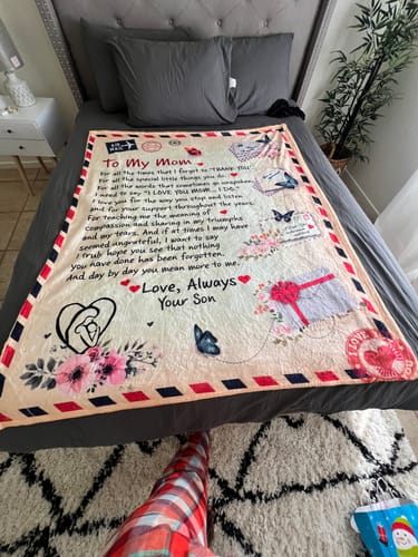 Customer photo review of Mom - Giant Post Card Blanket - From Son cc1