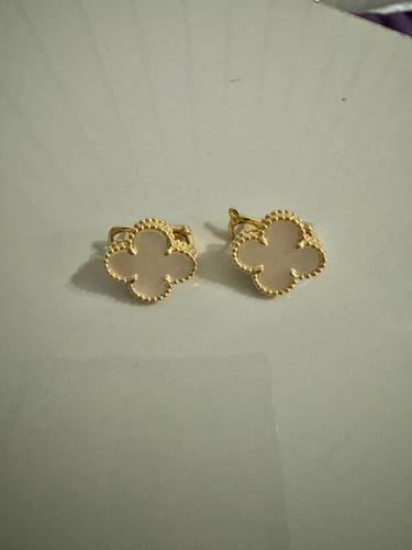 Customer photo review of CLOVER MEDIUM GOLD MOP STUD EARRINGS