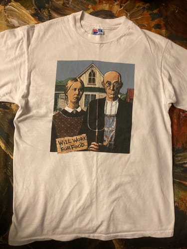 Customer photo review of Vintage American Gothic T Shirt Mens Medium White 90s Art Funny Hanes Beefy