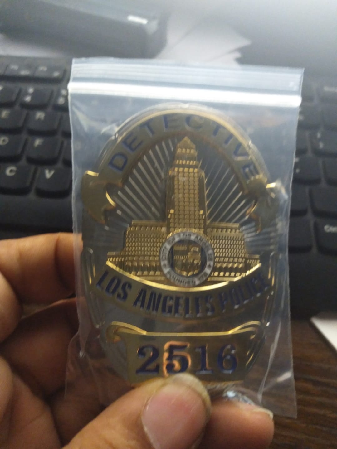 Customer photo review of LAPD Los Angeles Police Detective Badge Solid Copper Replica Movie Props With Number 2516