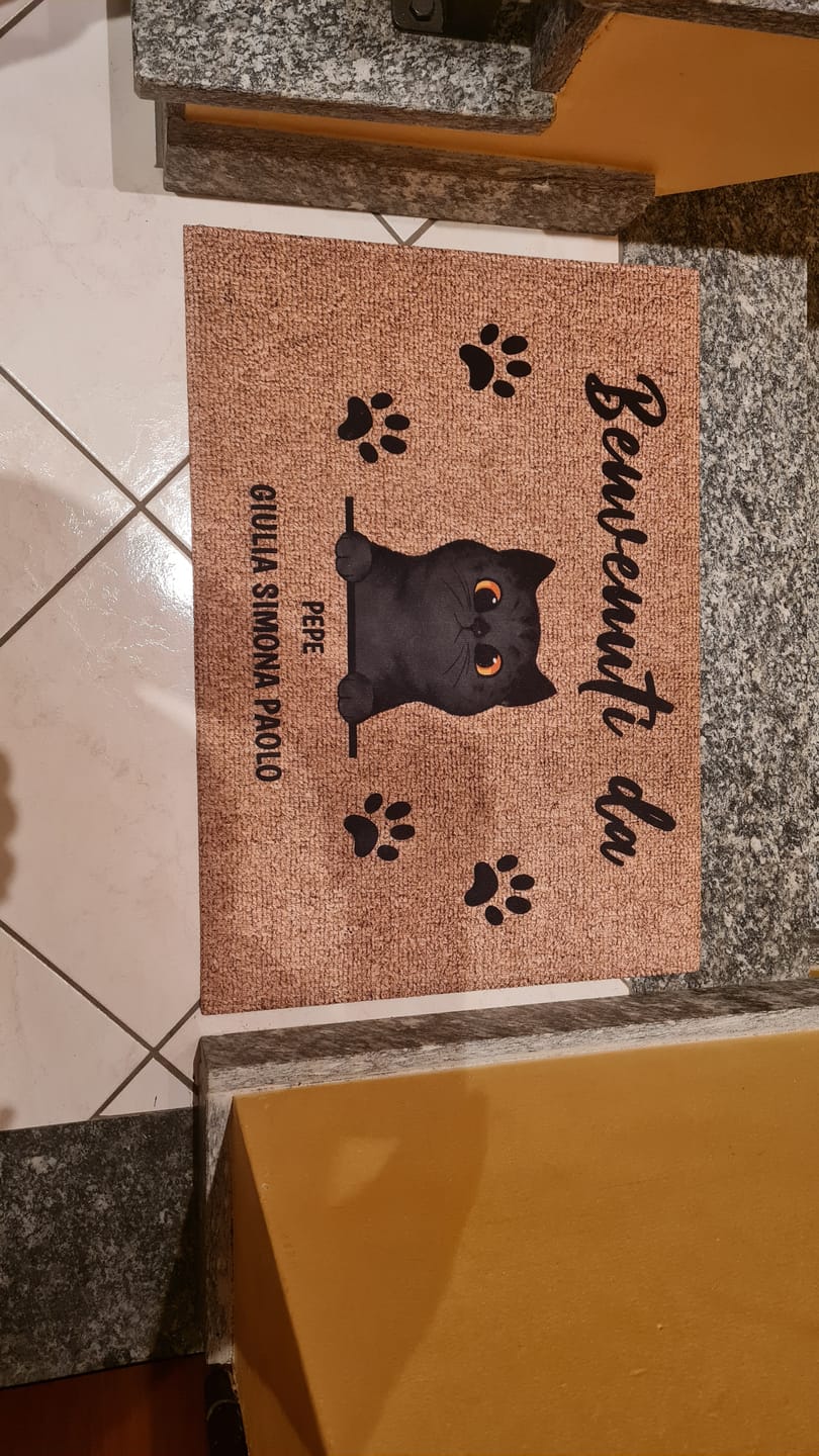 Customer photo review of Benvenuti da gatti curiosi - Zerbino personalizzato