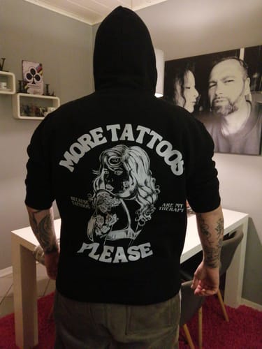 Customer photo review of More Tattoos please - Backprint Hoodie