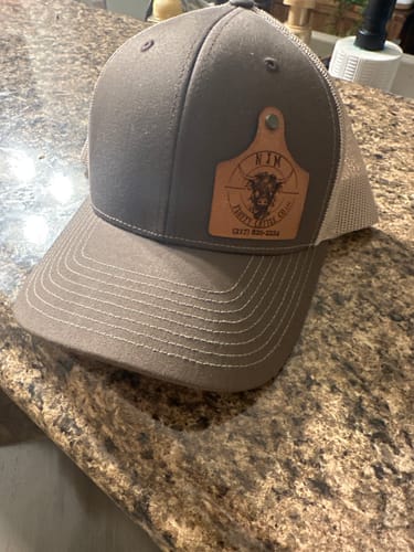Customer photo review of Ear Tag Custom Leather Patch Trucker Hat - Richardson 112