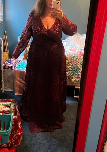 Customer photo review of Embellished Illusion Long Sleeve V Neck Gown