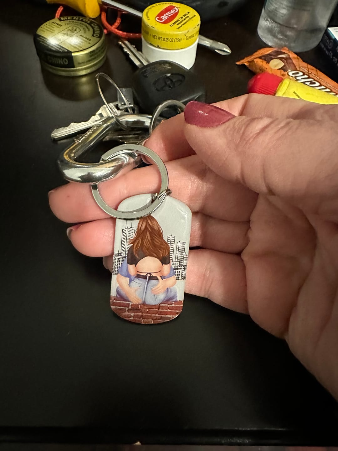 Customer photo review of Drive Safe - Personalized Engraved Stainless Steel Keychain