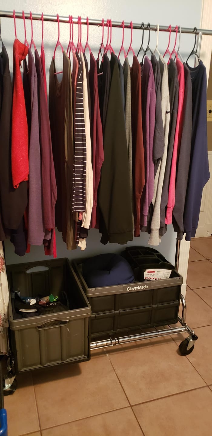 Customer photo review of Raybee 75"W Rolling Clothes Rack with Storage Shelves, Wheeled Metal Clothes Organizer for Bedroom, Laundry & Dorm