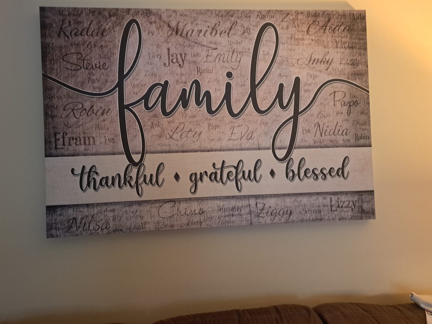 Customer photo review of Personalized "Family - Thankful, Grateful, Blessed" Names On Background Premium Canvas