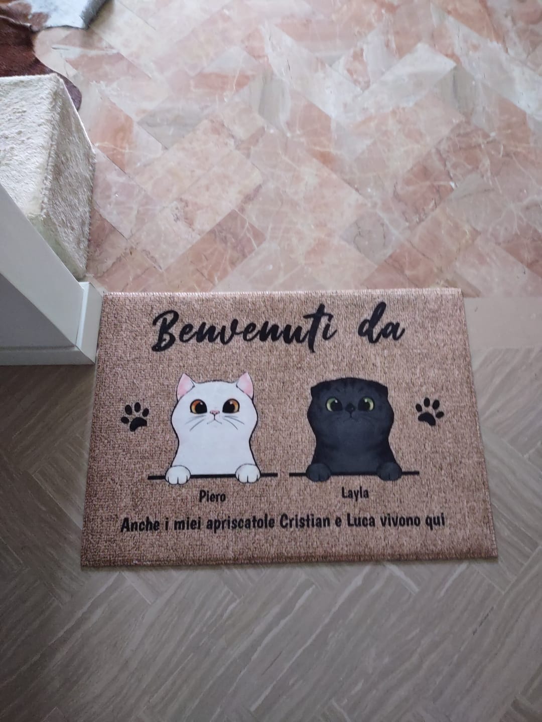 Customer photo review of Benvenuti da gatti curiosi - Zerbino personalizzato