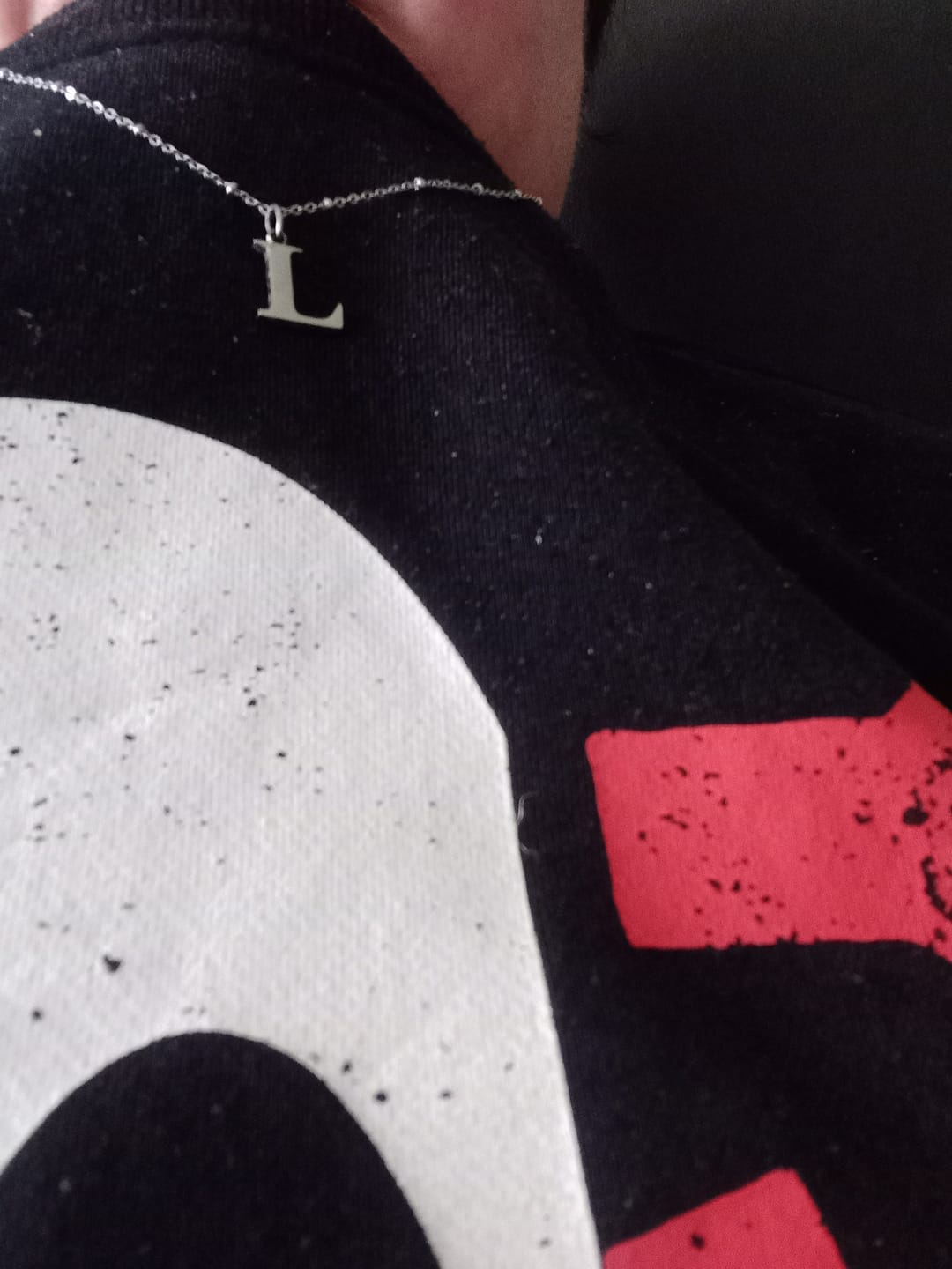 Customer photo review of L Initial Pendant Necklace + FREE Studs