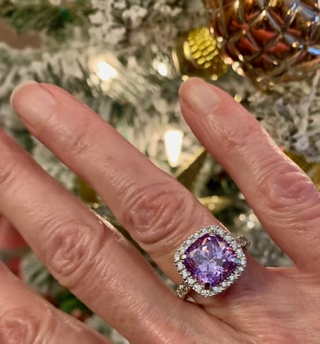 Customer photo review of Halo Purple Cushion CZ Ring in Sterling Silver