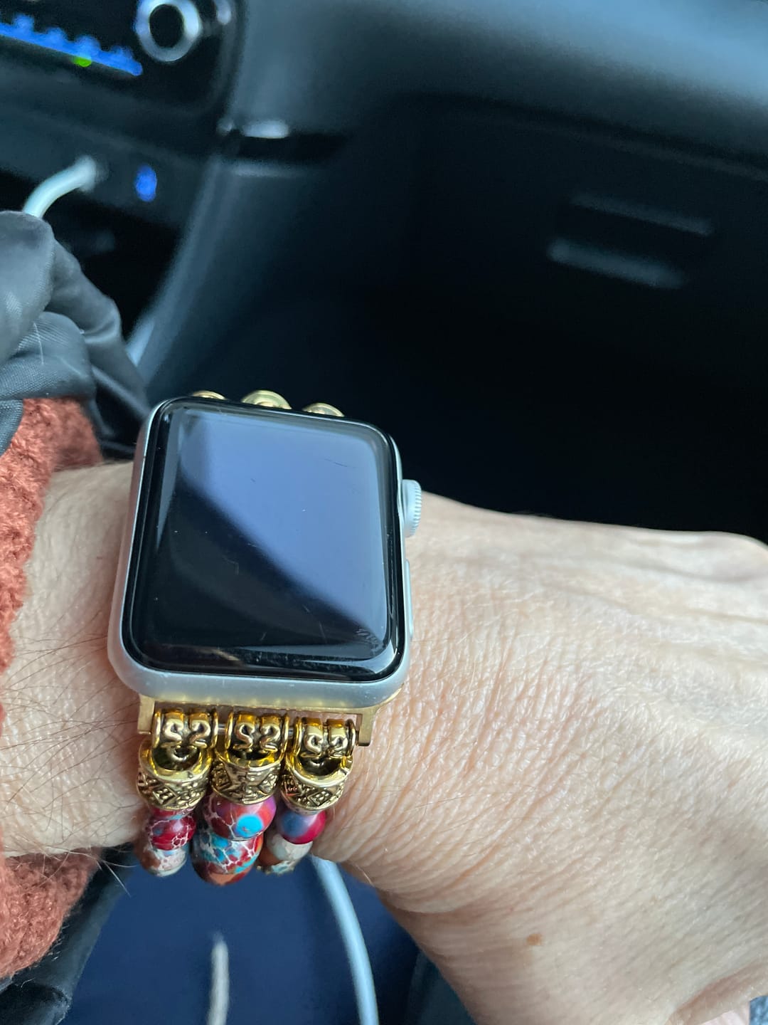 Customer photo review of Crimson Jasper Stretch Apple Watch Strap