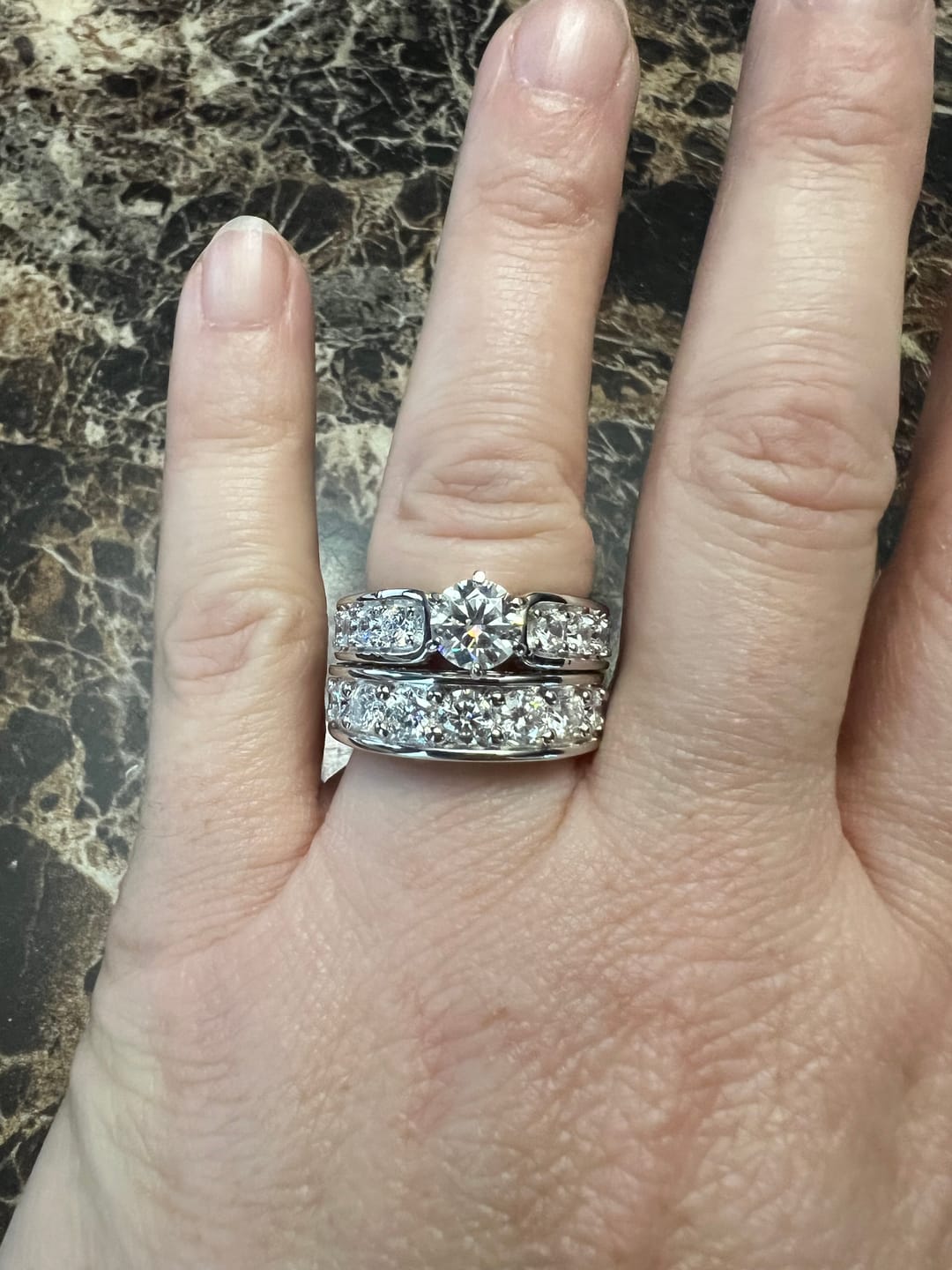 Customer photo review of Triple Channel Set Moissanite Half Eternity Wedding Band