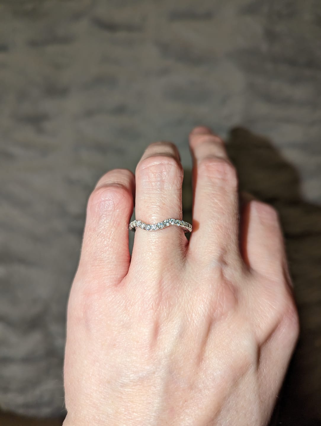 Customer photo review of Curved Pave Moissanite Half Eternity Wedding Band Stackable Ring