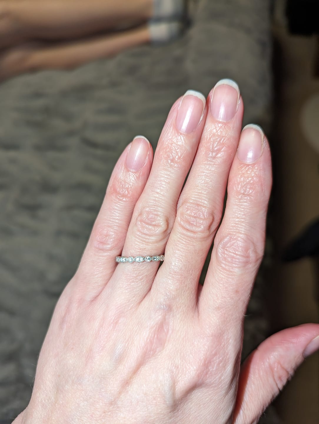 Customer photo review of Milgrain Marquise and Dot Moissanite Half Eternity Wedding Band Ring In Sterling Silver