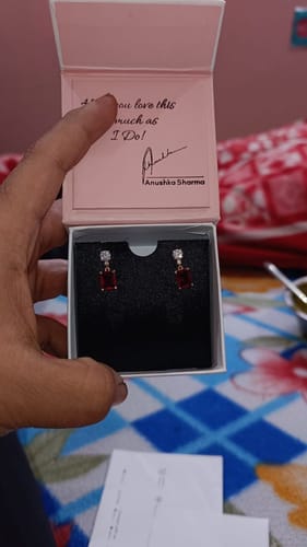 Customer photo review of Rose Gold Red Baguette Earrings