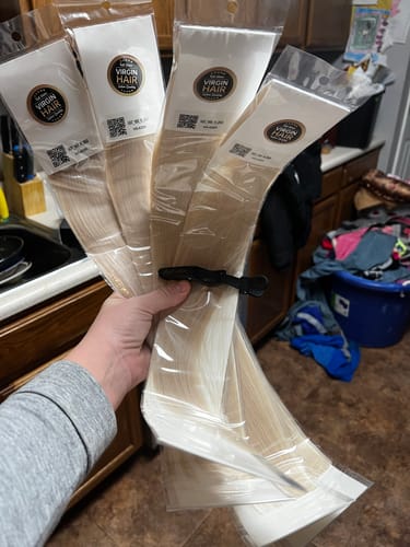 Customer photo review of Full Shine I Tip Hair Extensions 100% Virgin Human Hair White Blonde (#1000)