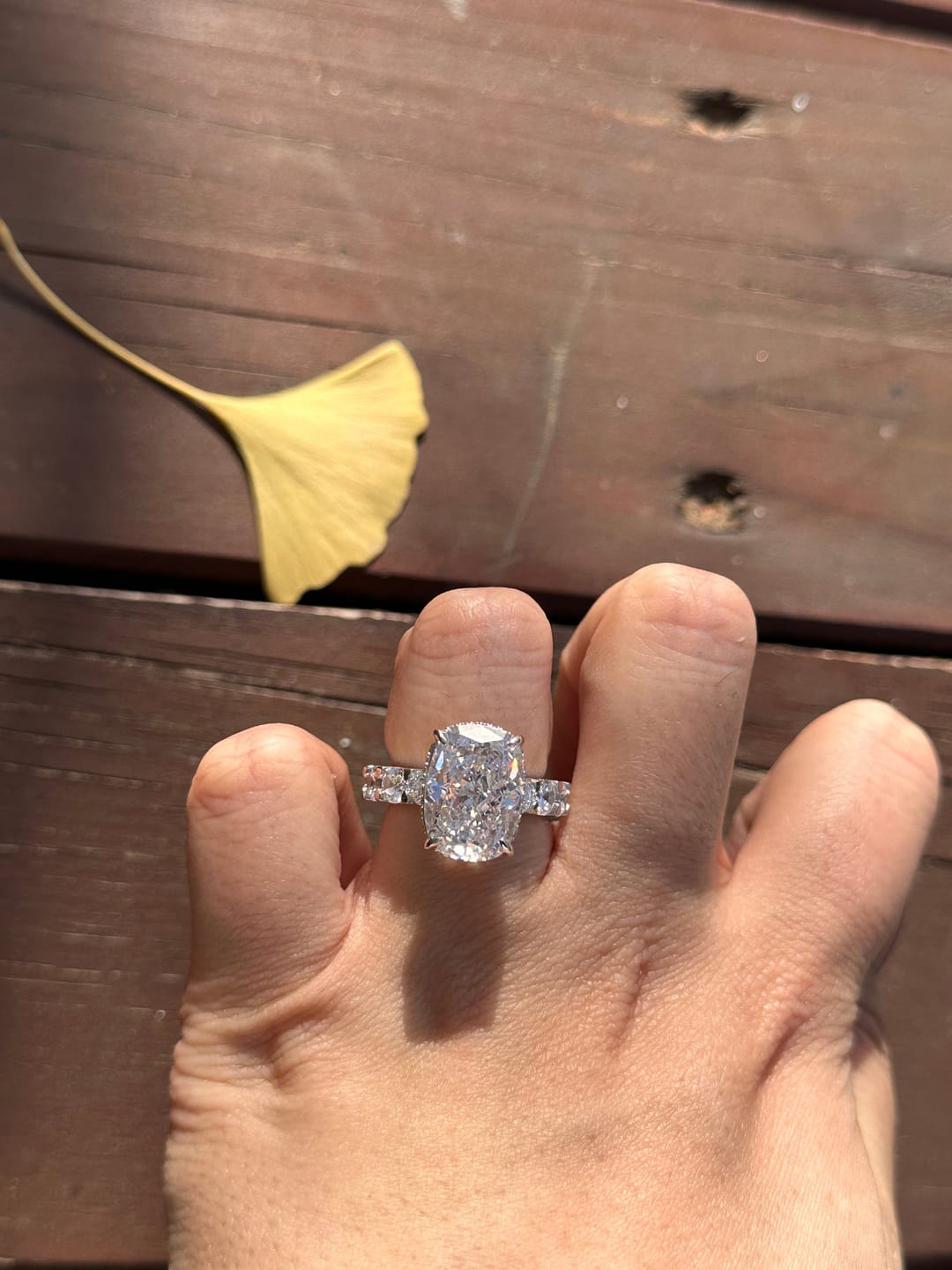 Customer photo review of Louily Gorgeous Elongated Crushed Ice Cushion Cut Engagement Ring
