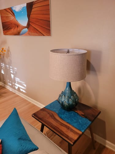 Customer photo review of Square Resin Walnut Coffee Table - Blue Epoxy Furniture