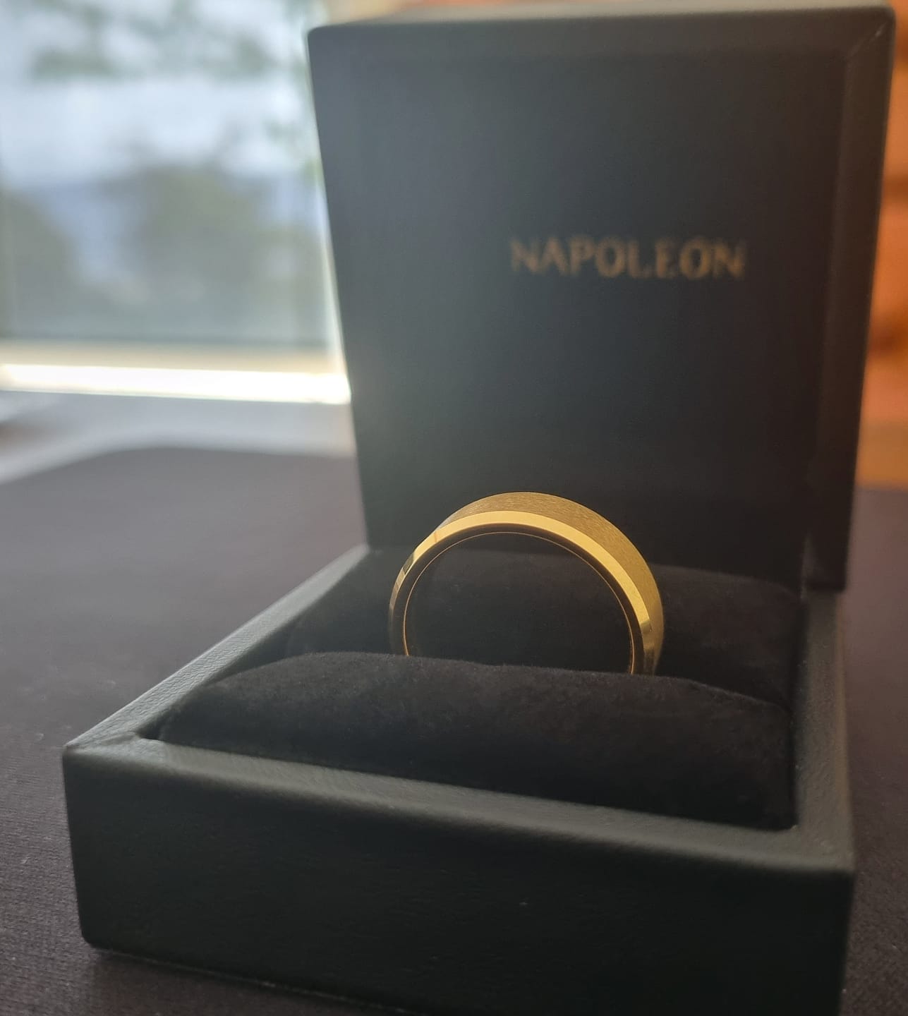 Customer photo review of The CEO - Gold Brushed Tungsten Beveled Ring