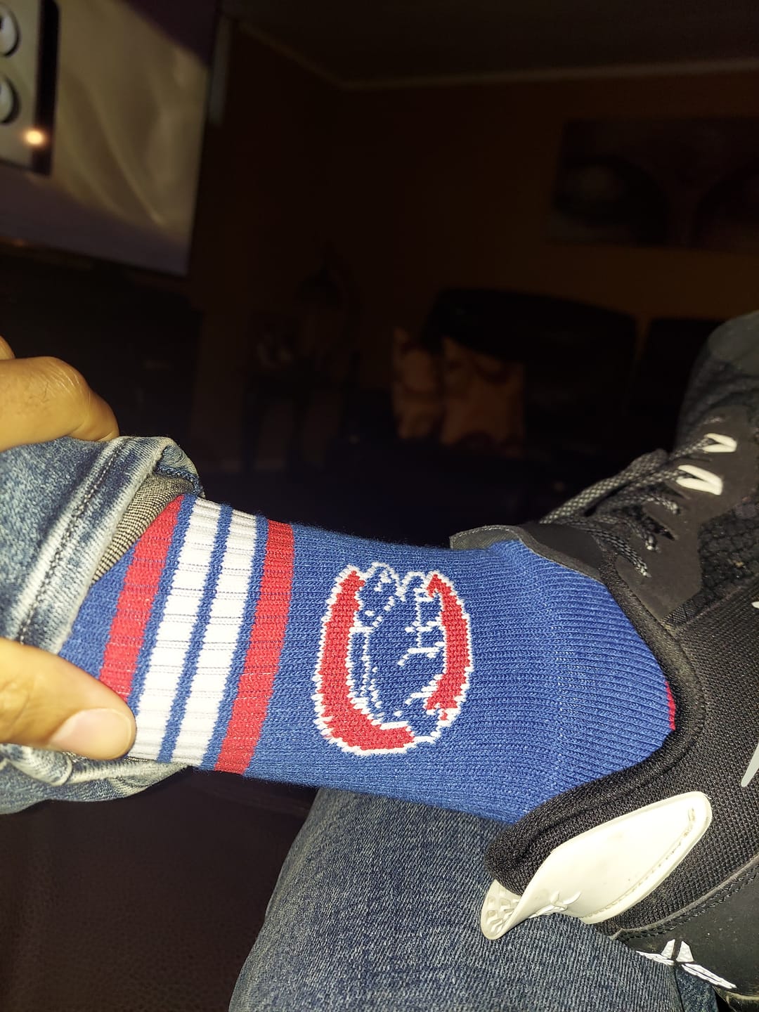 Customer photo review of Chicago Cubs - 4 Stripe Deuce Socks