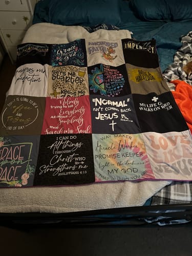 T-shirt quilt with faith, religion themes by Jeannette from CA