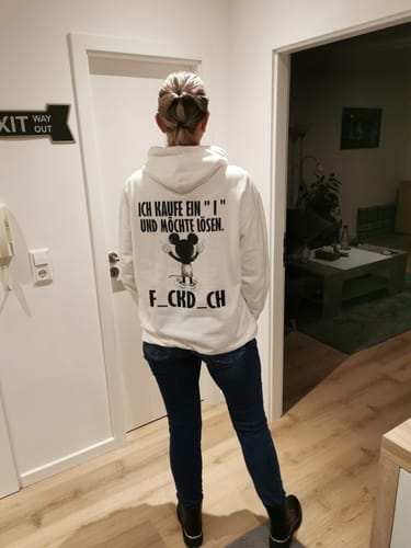 Customer photo review of ICH KAUFE EIN " I " MAUS Rückendruck Unisex Hoodie