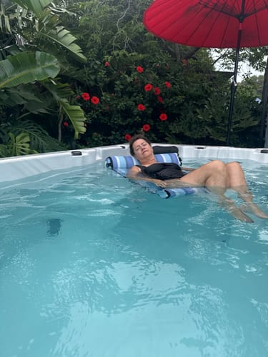 Customer photo review of Blue Bayou - with attachable waterproof phone sleeve and inflatable drink holder.