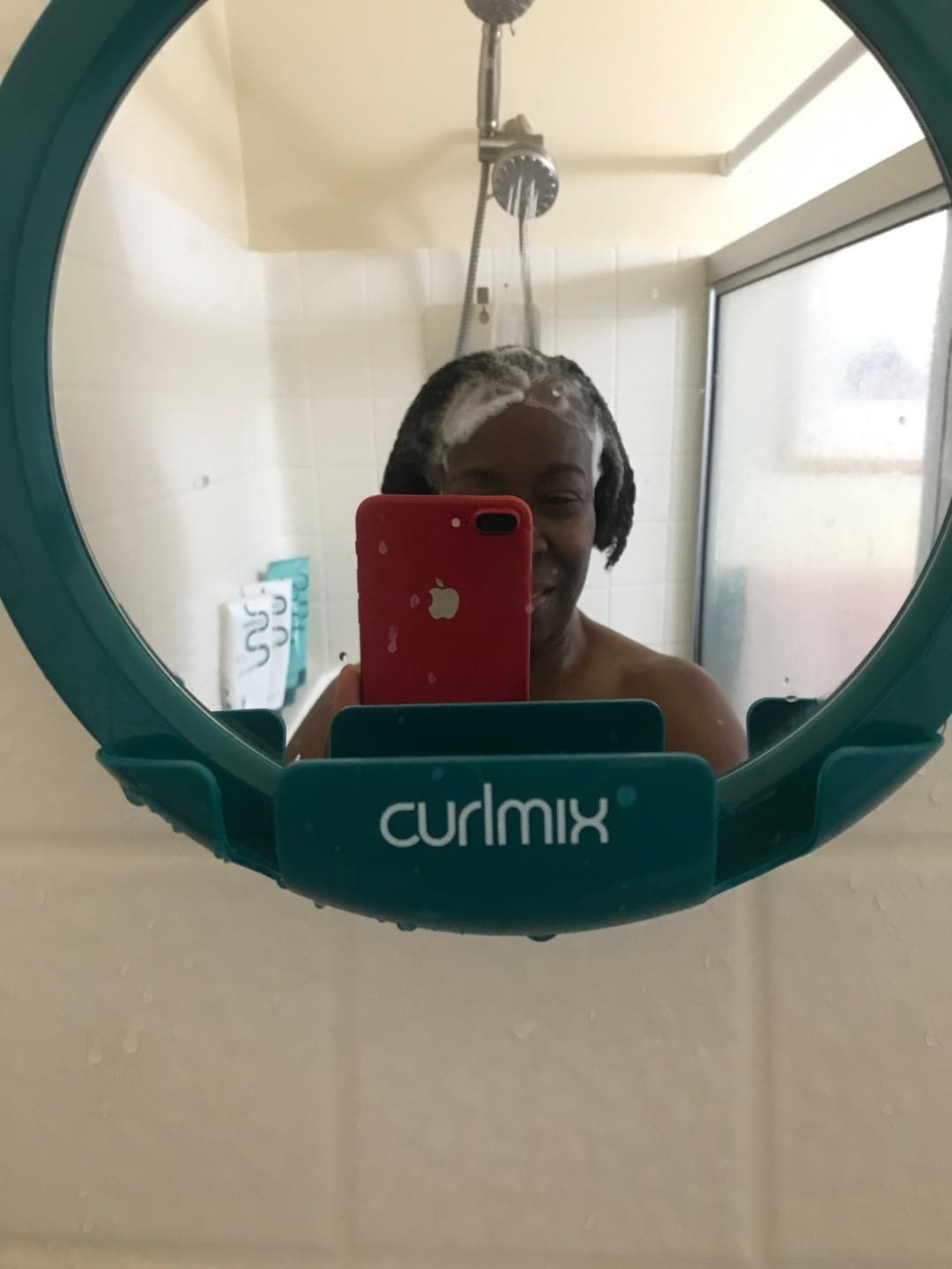Customer photo review of CurlMix Anti Fog Shower Mirror for Curly Hair