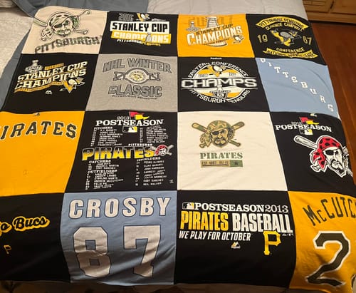 T-shirt quilt featuring pittsburgh pirates, pittsburgh penguins by Stephanie from PA