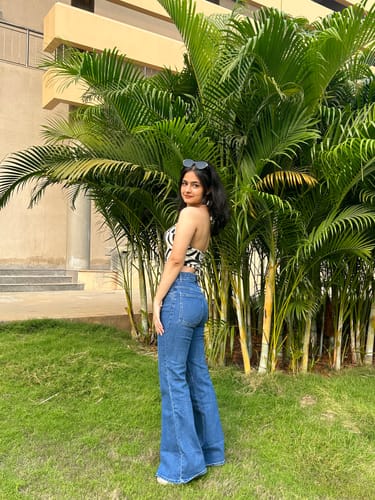 Customer photo review of Boot Cut Whisker Washed Jeans - Aqua Blue
