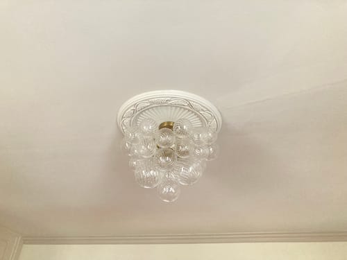 Customer photo review of 3-Light Brass Cluster Ribbed Glass Bubble Semi Flush Chandelier